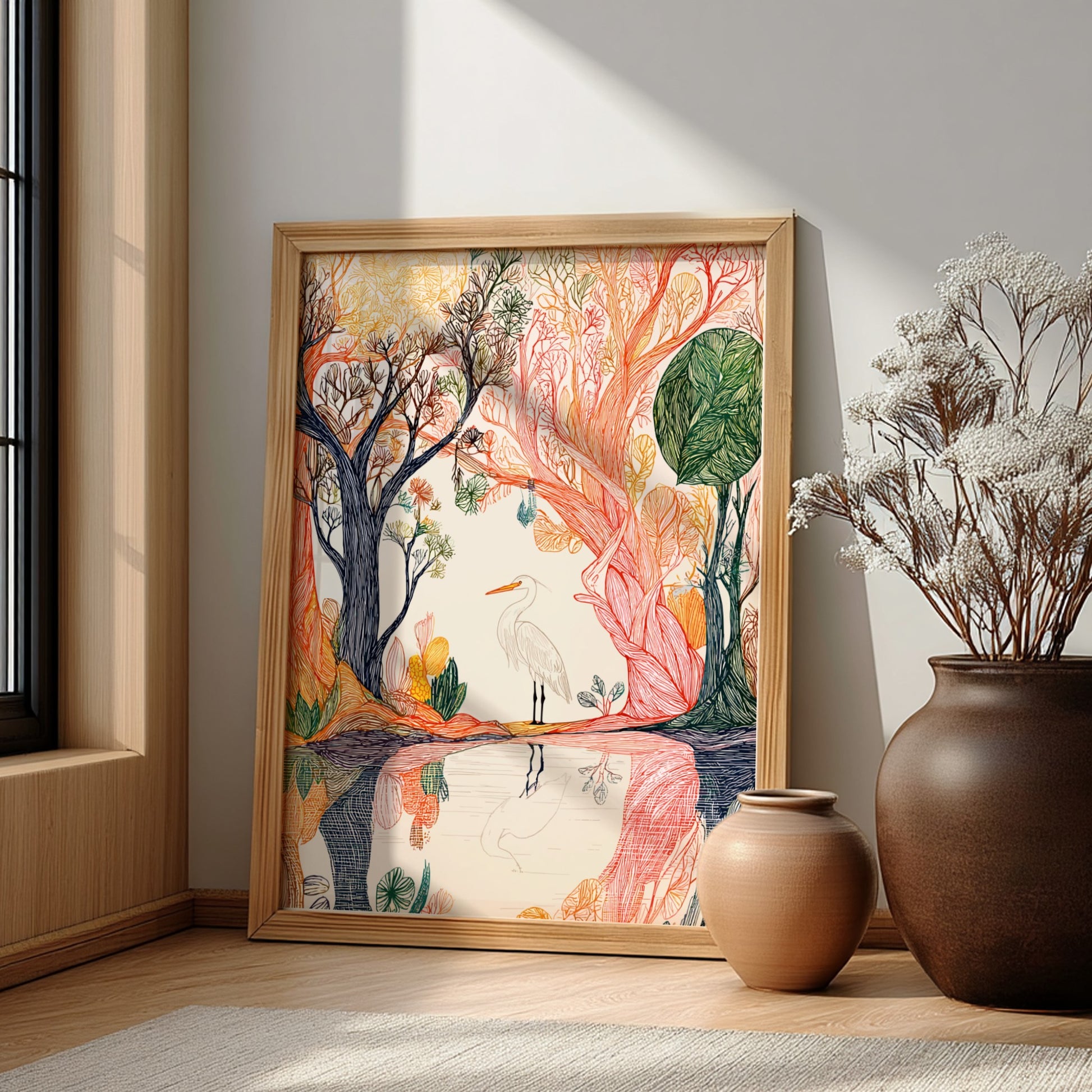Whimsical illustration poster of a white egret standing by water in a colorful forest, featuring detailed