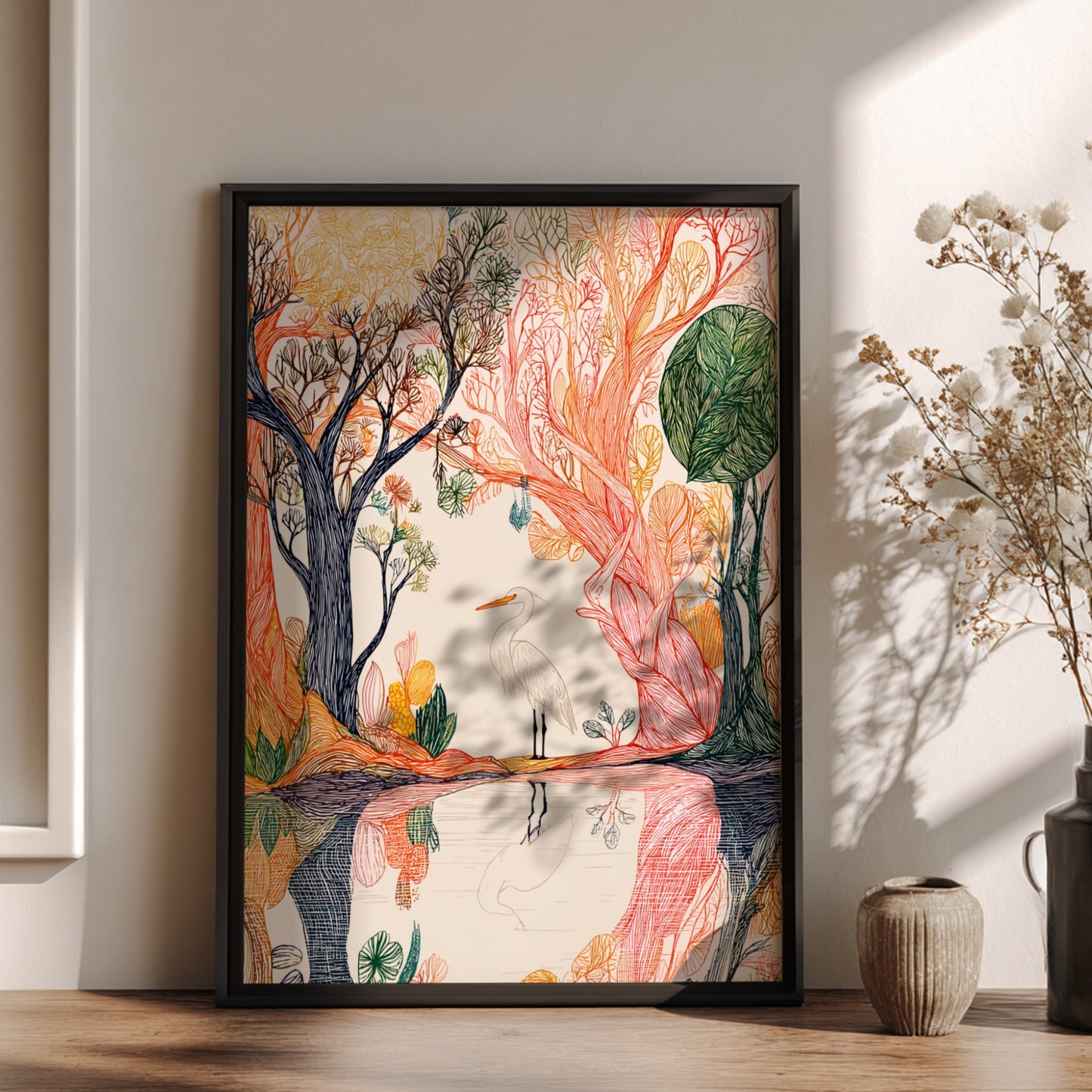 Whimsical illustration poster of a white egret standing by water in a colorful forest, featuring detailed