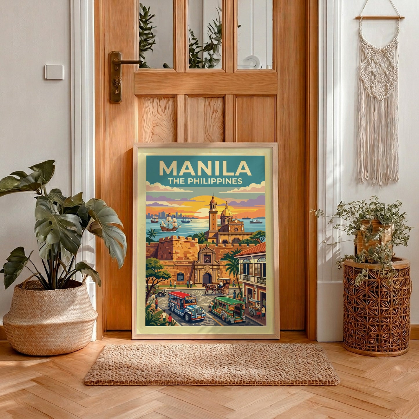 Travel poster of Manila featuring historic walled architecture, colourful jeepneys, and a golden sunset.