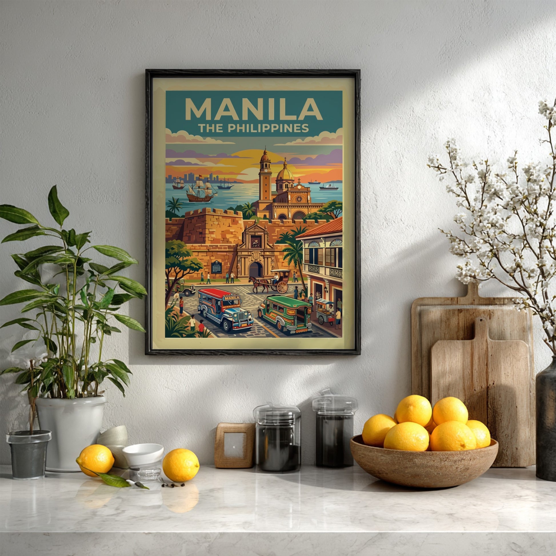 Travel poster of Manila featuring historic walled architecture, colourful jeepneys, and a golden sunset.