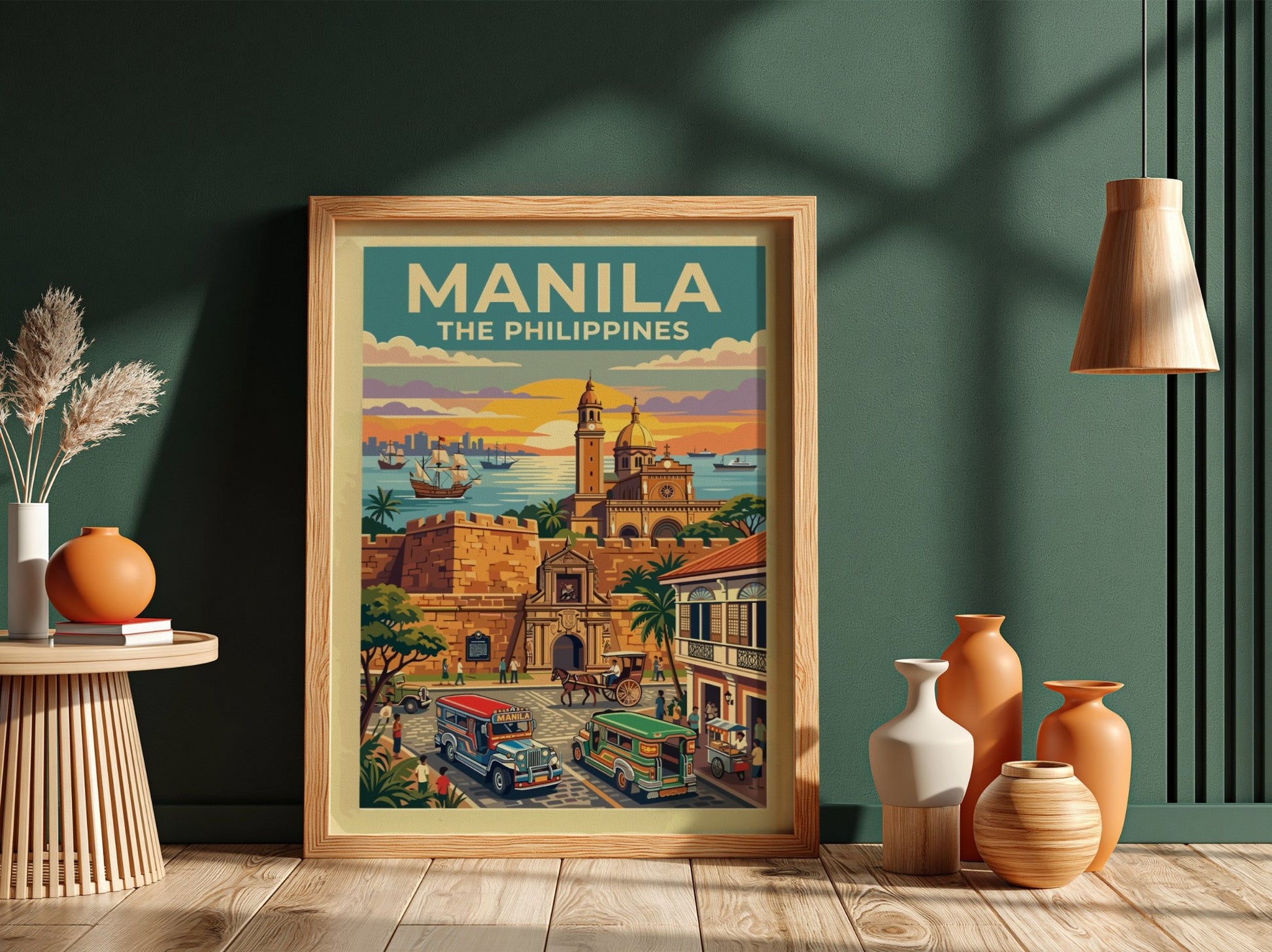 Travel poster of Manila featuring historic walled architecture, colourful jeepneys, and a golden sunset.