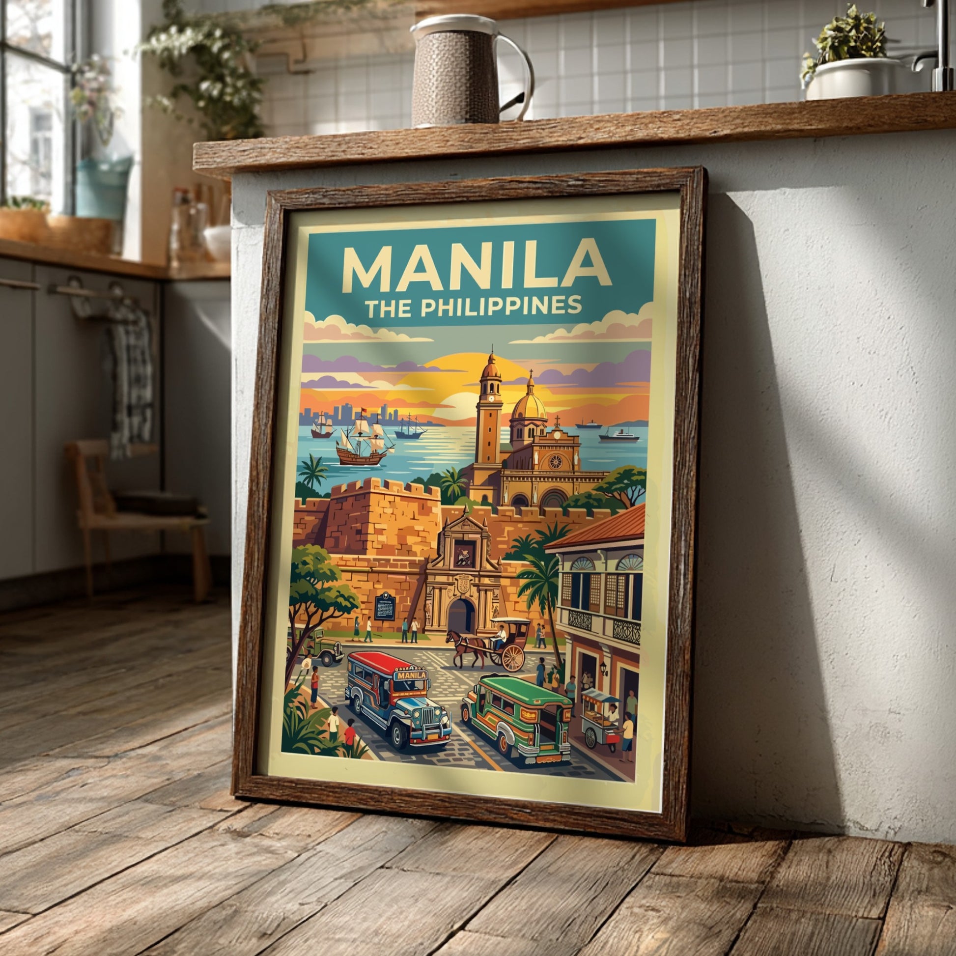 Travel poster of Manila featuring historic walled architecture, colourful jeepneys, and a golden sunset.