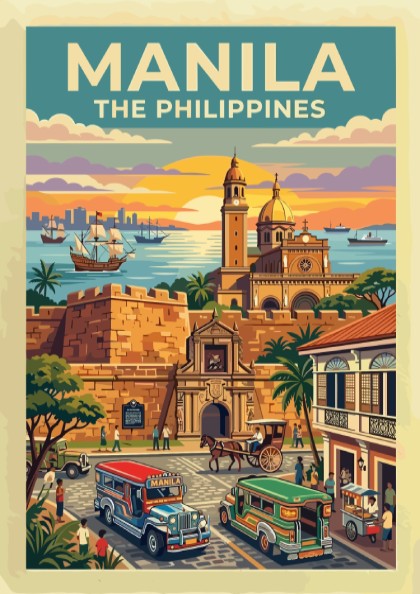 Travel poster of Manila featuring historic walled architecture, colourful jeepneys, and a golden sunset.