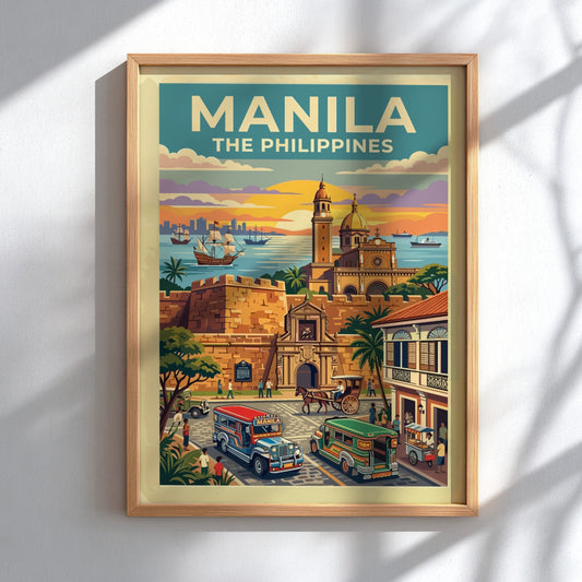 Travel poster of Manila featuring historic walled architecture, colourful jeepneys, and a golden sunset.