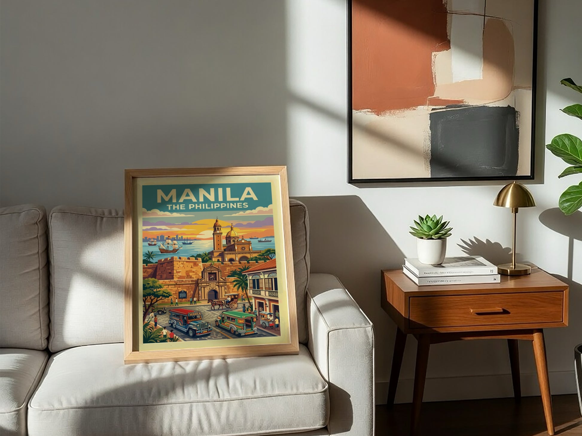 Travel poster of Manila featuring historic walled architecture, colourful jeepneys, and a golden sunset.