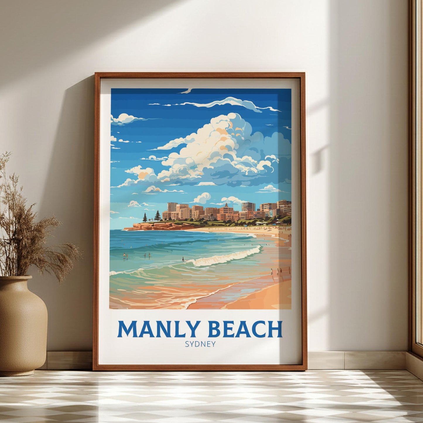 Framed artwork of Manly Beach, Sydney on a wall.