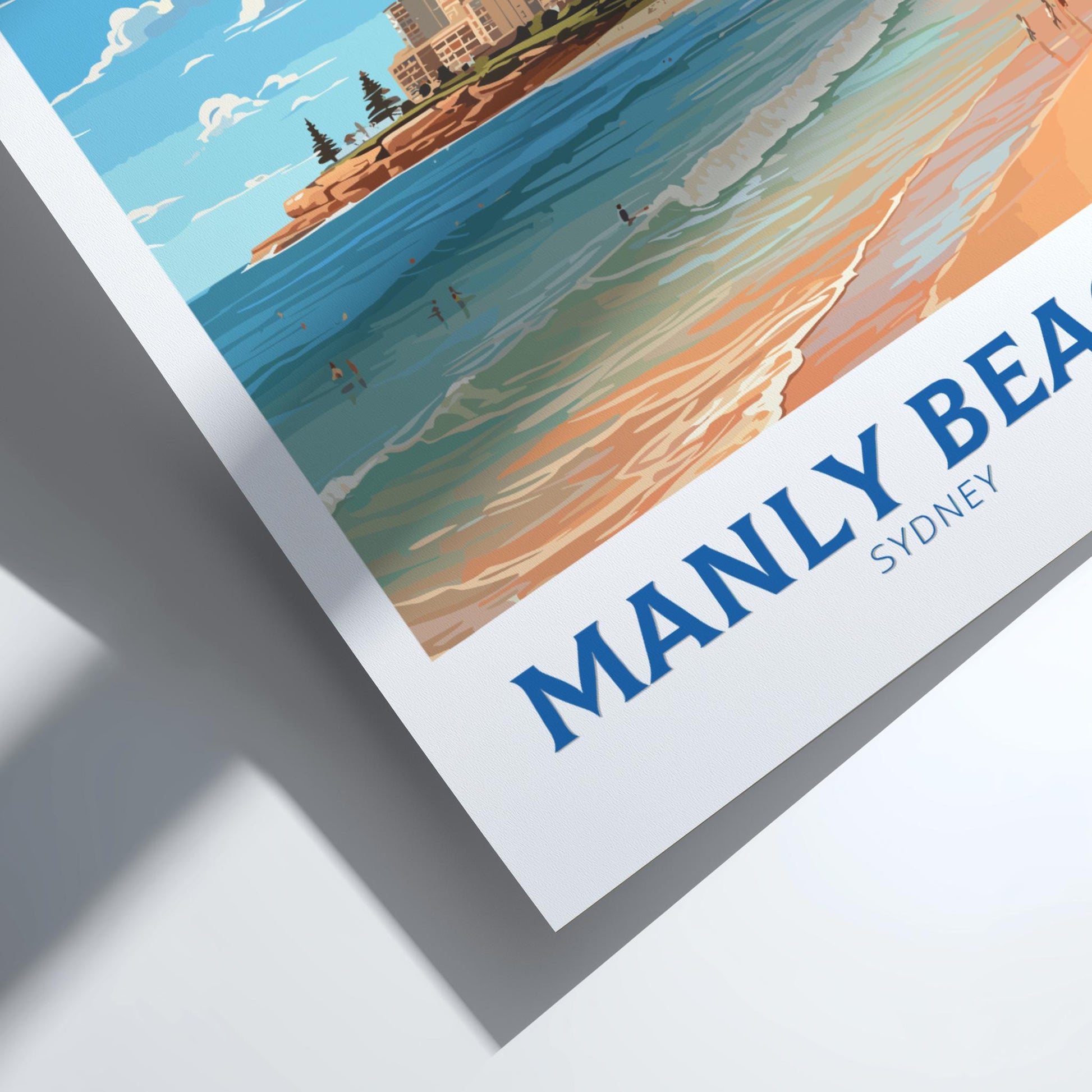 Poster of Manly Beach, Sydney with a scenic view of the beach and ocean.