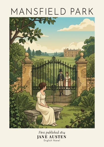 Poster of Mansfield Park showing a woman on a bench before a gate.