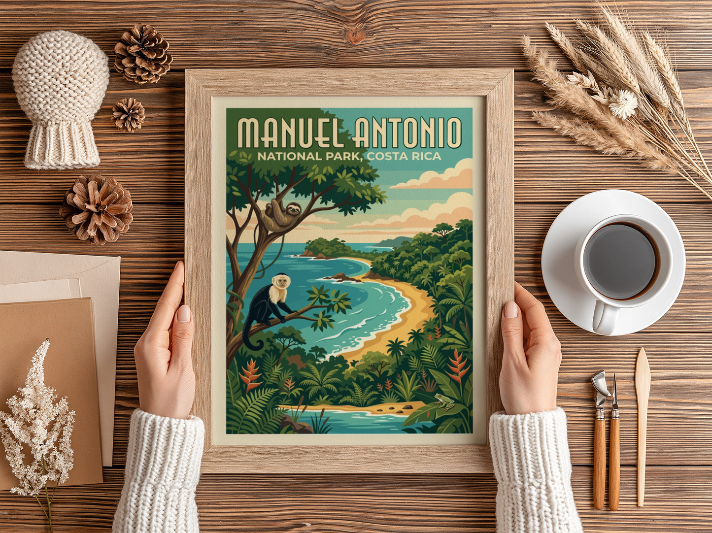Travel poster of Manuel Antonio National Park featuring a monkey, sloth, and beach.