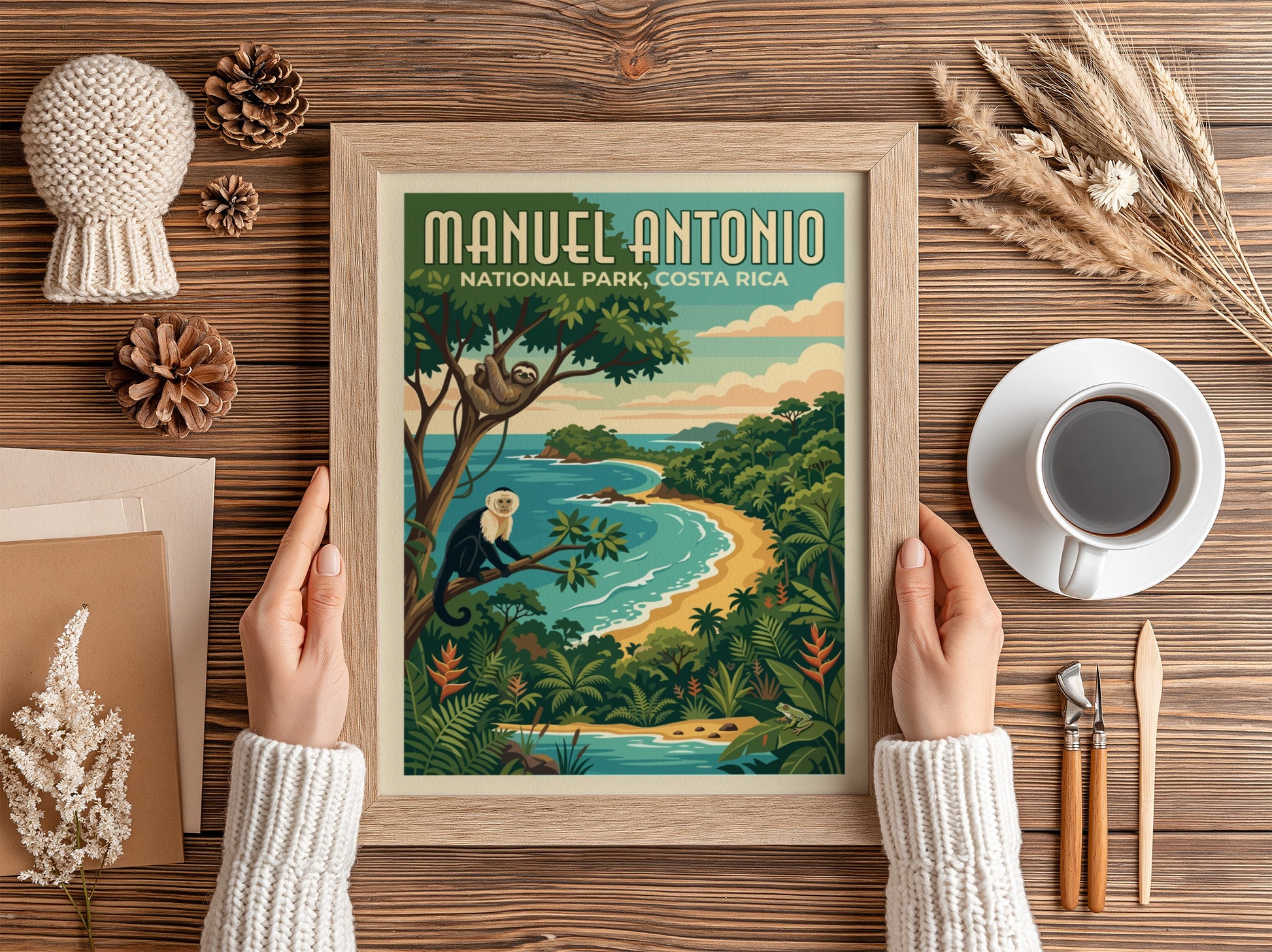 Travel poster of Manuel Antonio National Park featuring a monkey, sloth, and beach.
