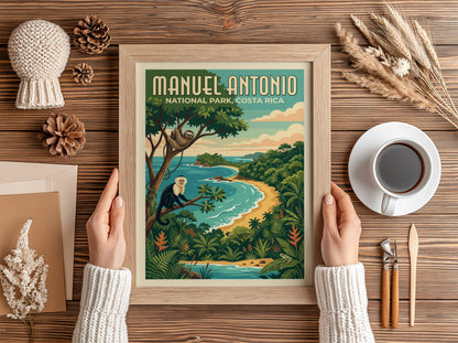 Travel poster of Manuel Antonio National Park featuring a monkey, sloth, and beach.
