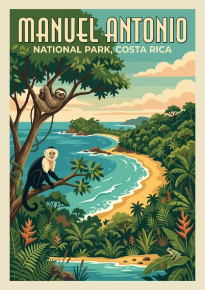 Travel poster of Manuel Antonio National Park featuring a monkey, sloth, and beach.