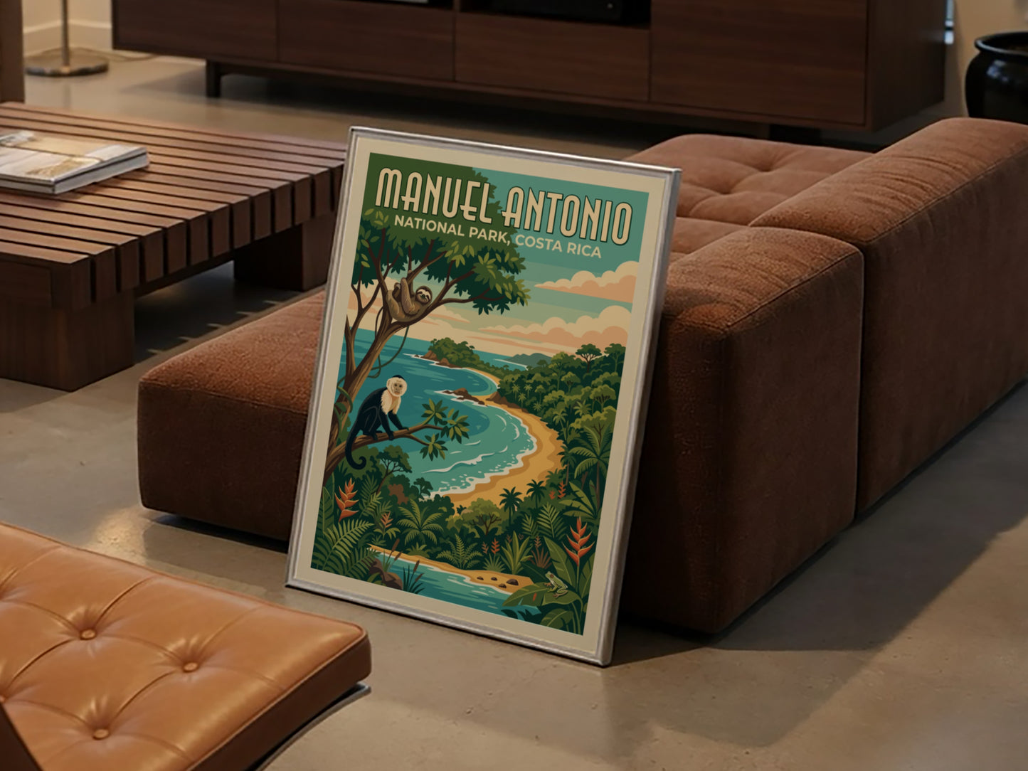Travel poster of Manuel Antonio National Park featuring a monkey, sloth, and beach.