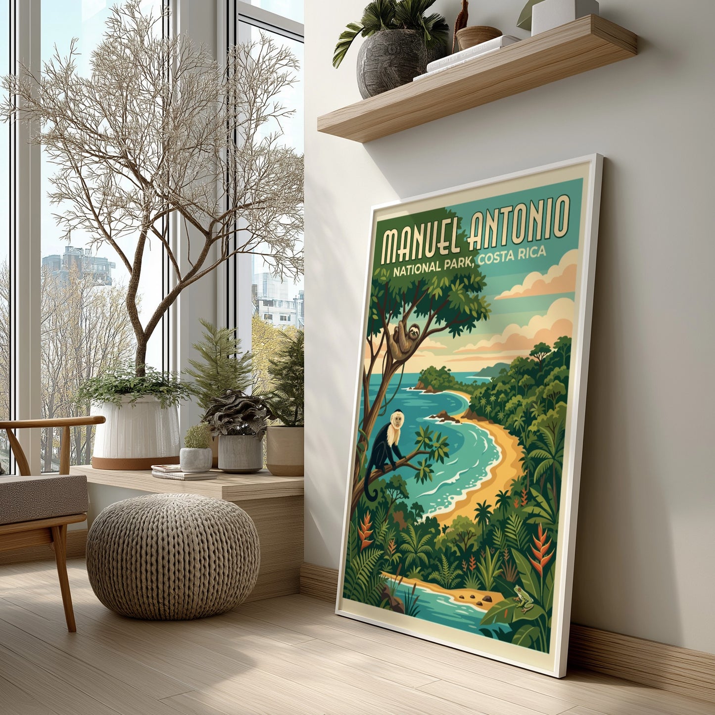 Travel poster of Manuel Antonio National Park featuring a monkey, sloth, and beach.