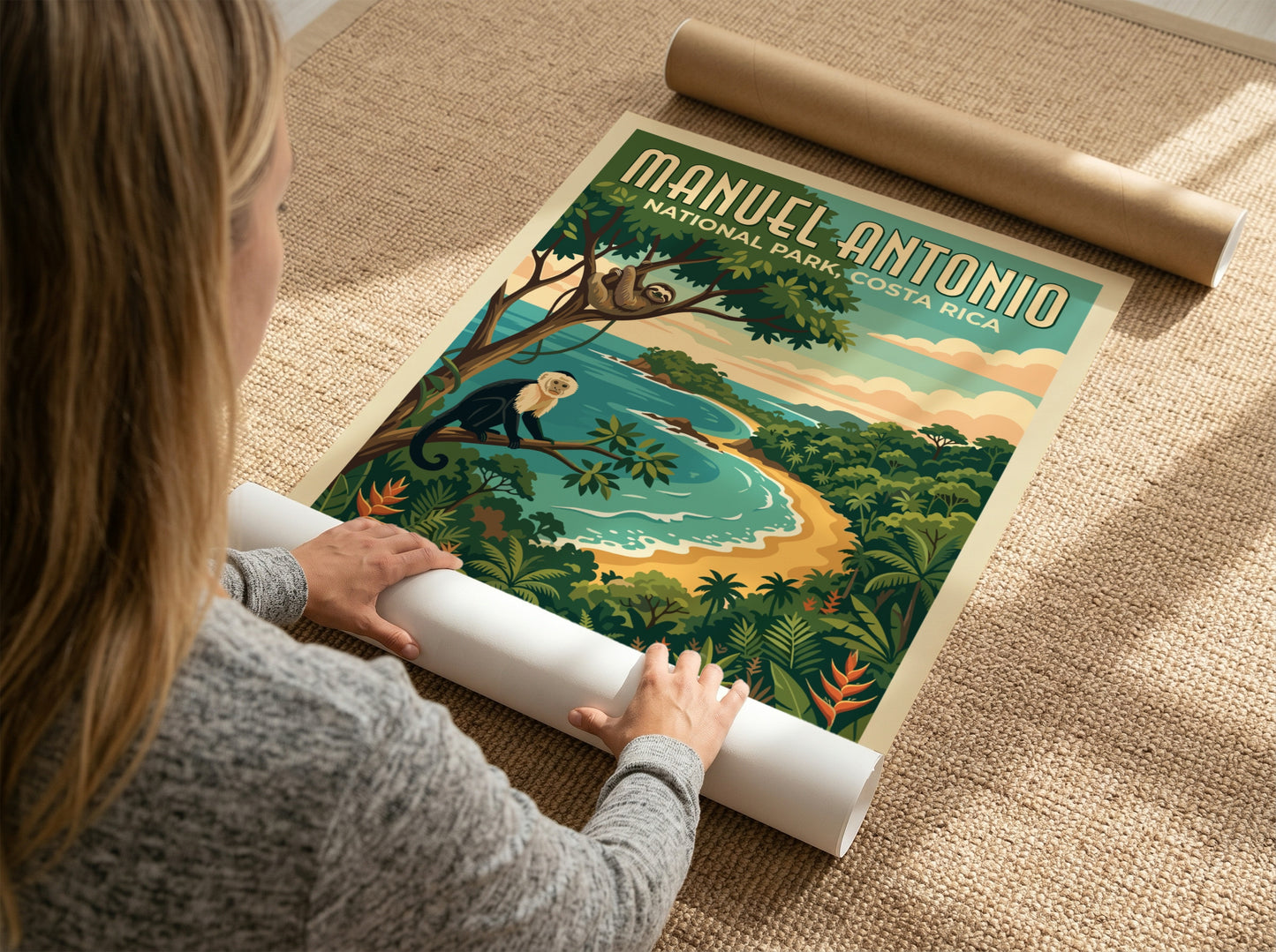 Travel poster of Manuel Antonio National Park featuring a monkey, sloth, and beach.