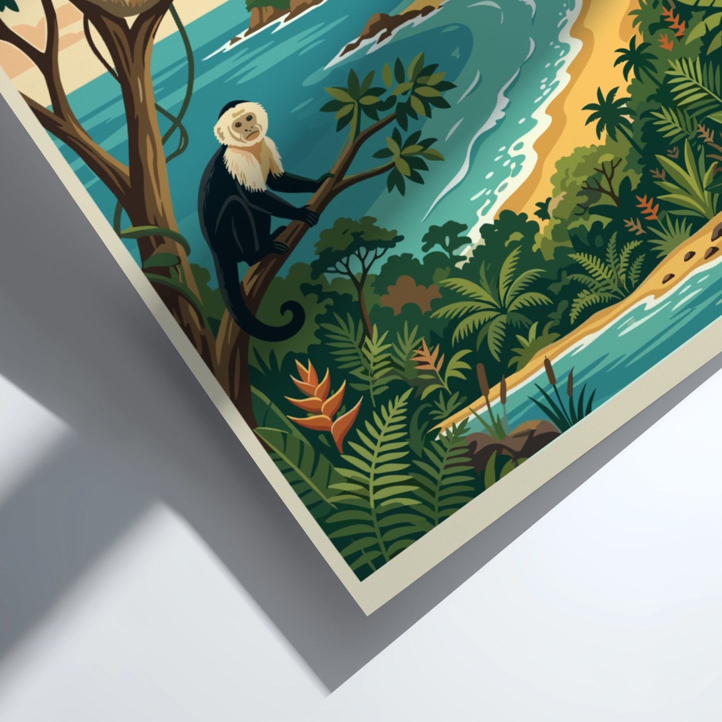 Travel poster of Manuel Antonio National Park featuring a monkey, sloth, and beach.
