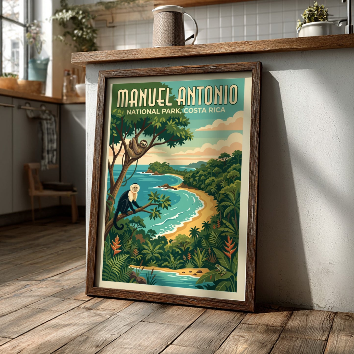 Travel poster of Manuel Antonio National Park featuring a monkey, sloth, and beach.