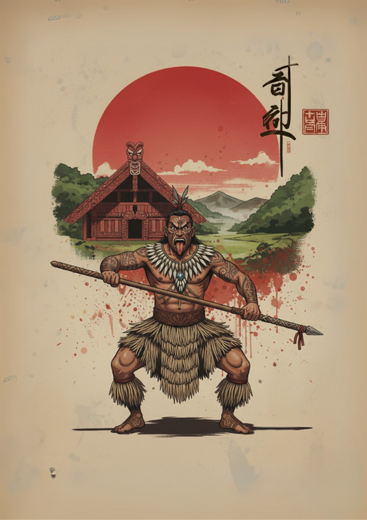 Illustration of a warrior in tribal attire with a traditional house and red sun in the background