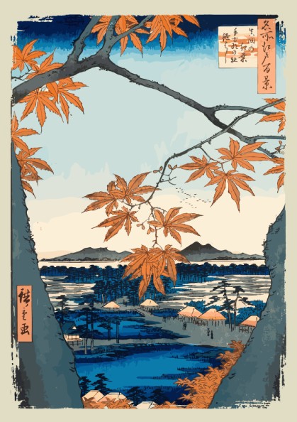 Japanese art poster of orange maple trees framing a serene landscape with water and mountains.