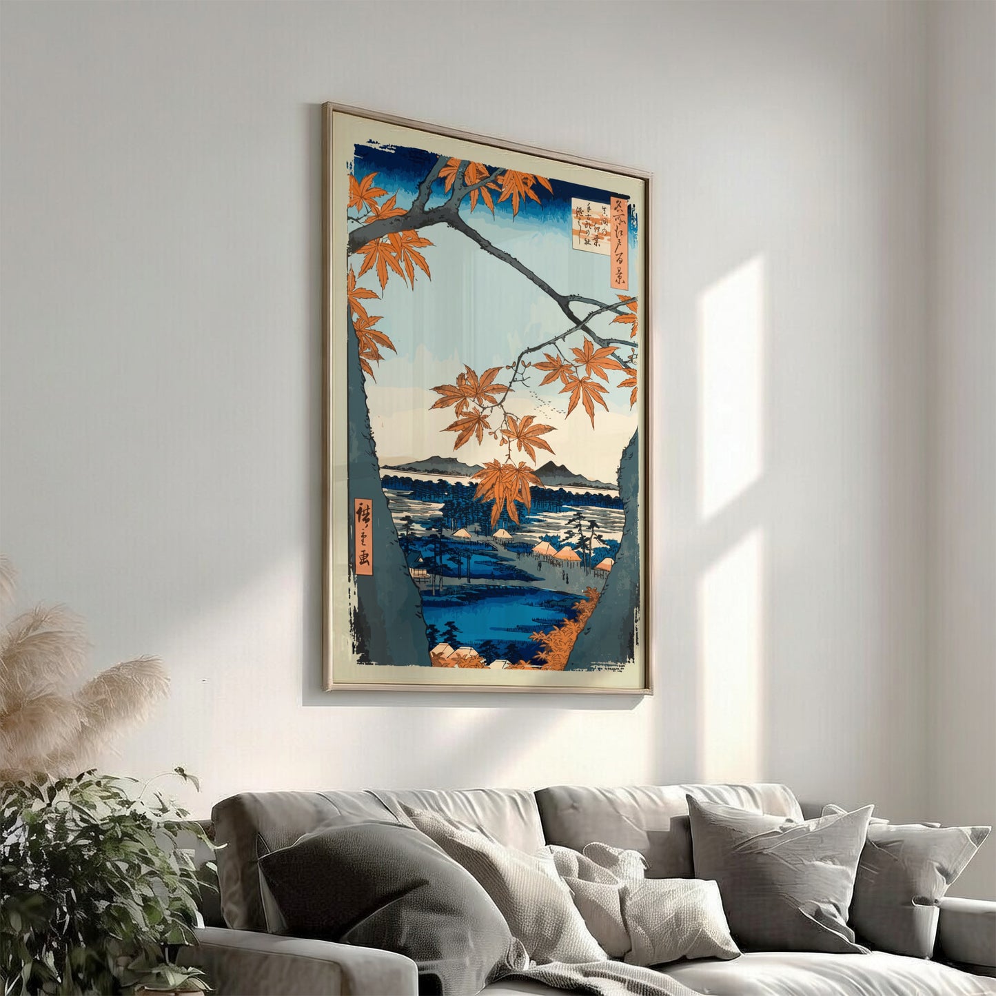 Japanese art poster of orange maple trees framing a serene landscape with water and mountains.