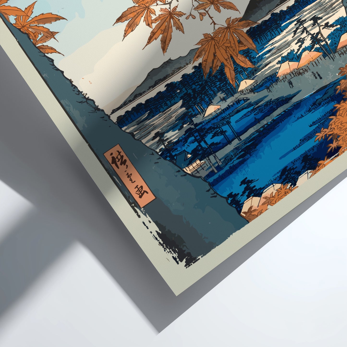 Japanese art poster of orange maple trees framing a serene landscape with water and mountains.