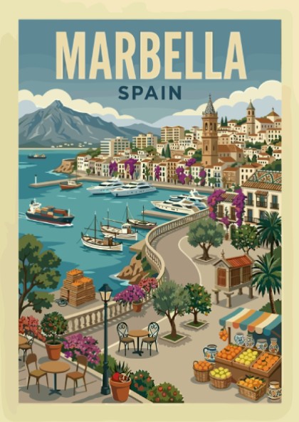 Marbella, Spain travel poster in a vintage style, featuring a coastal town, harbour, yachts, and mountains.