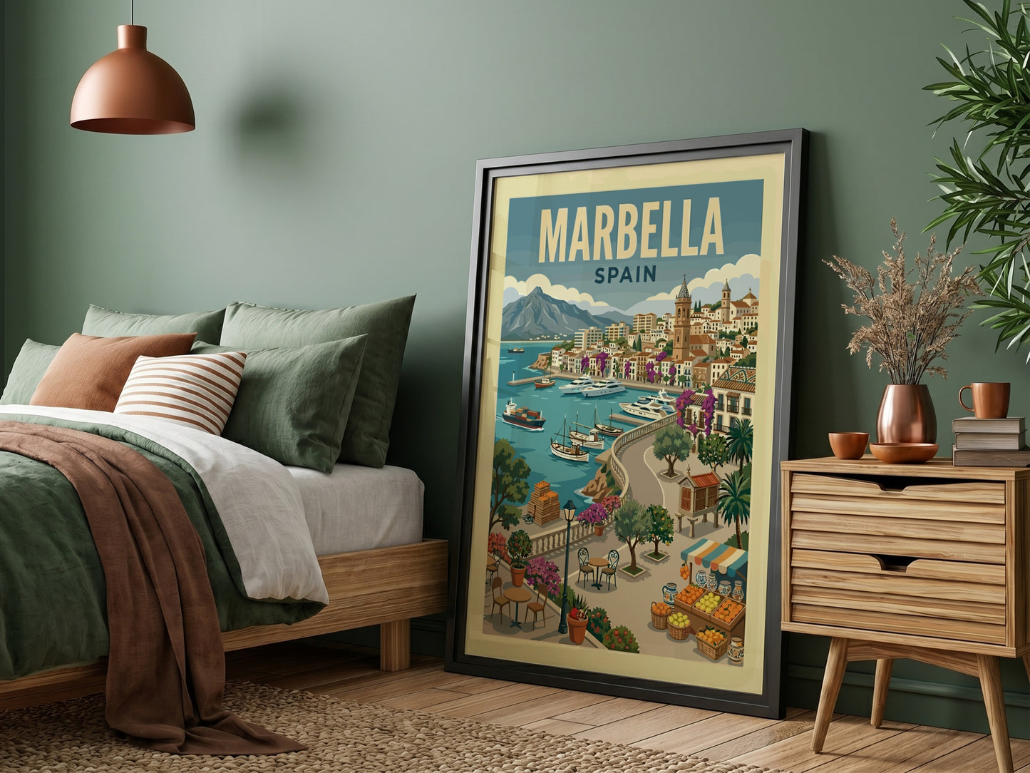 Marbella, Spain travel poster in a vintage style, featuring a coastal town, harbour, yachts, and mountains.