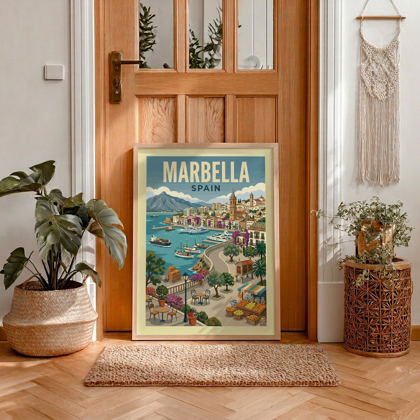 Marbella, Spain travel poster in a vintage style, featuring a coastal town, harbour, yachts, and mountains.