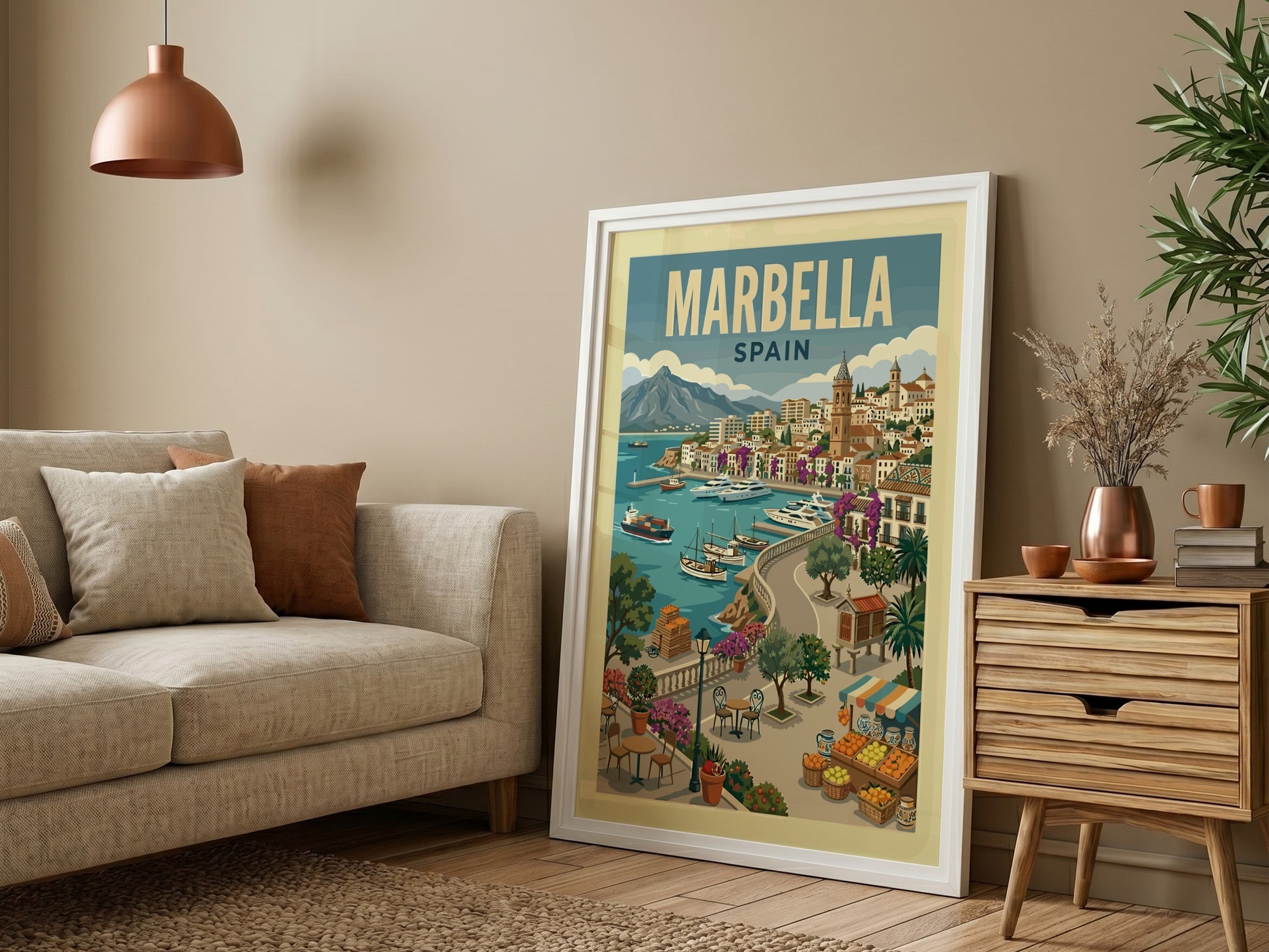 Marbella, Spain travel poster in a vintage style, featuring a coastal town, harbour, yachts, and mountains.