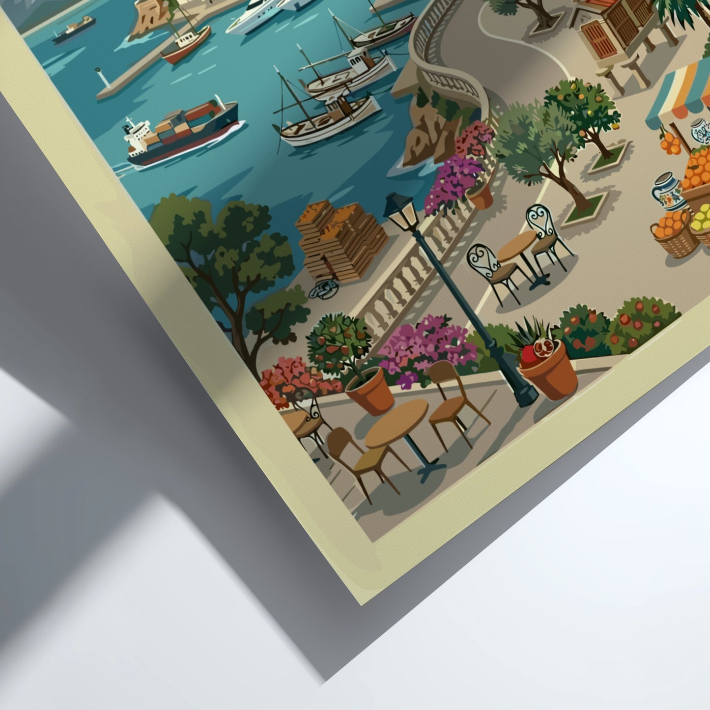 Marbella, Spain travel poster in a vintage style, featuring a coastal town, harbour, yachts, and mountains.