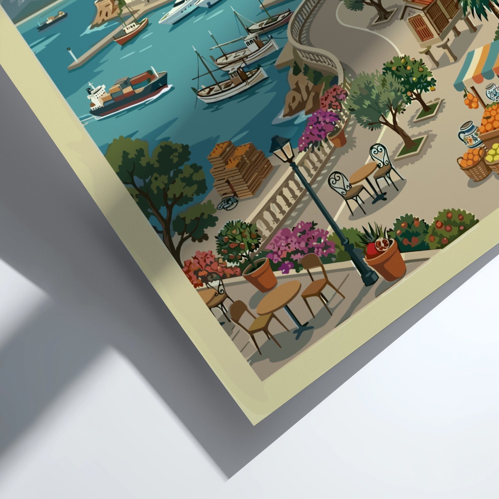 Marbella, Spain travel poster in a vintage style, featuring a coastal town, harbour, yachts, and mountains.