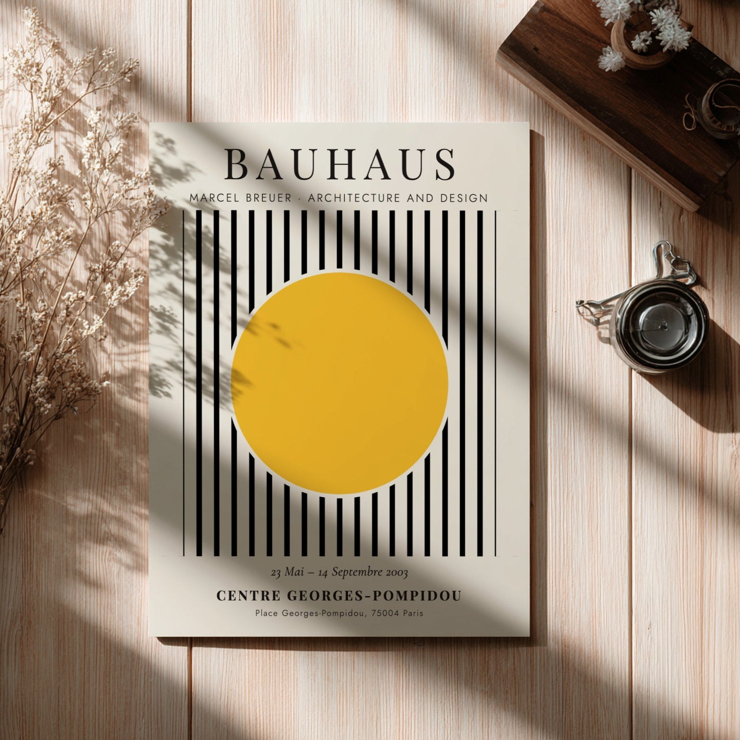 Bauhaus poster featuring Marcel Breuer's design with yellow circle and black stripes