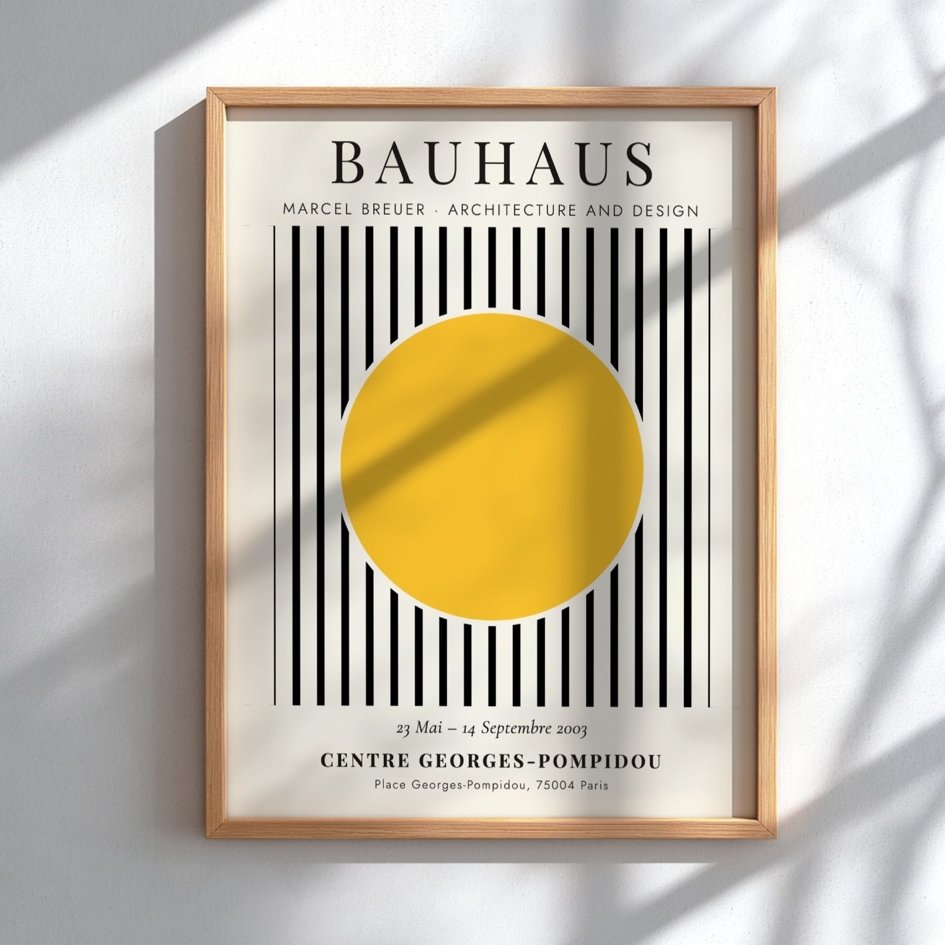 Bauhaus poster featuring Marcel Breuer's design with yellow circle and black stripes