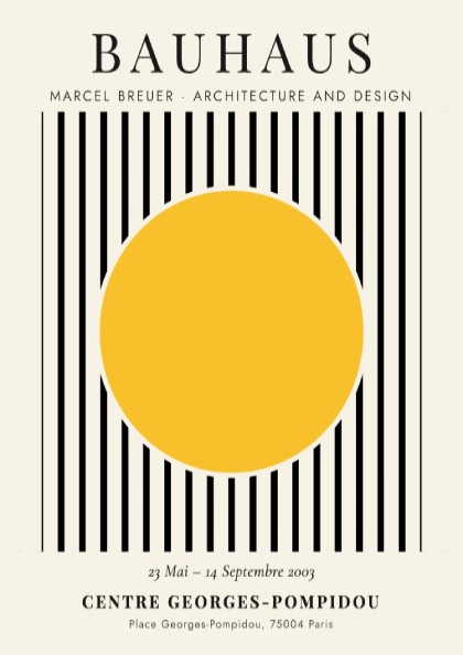 Bauhaus poster featuring Marcel Breuer's design with yellow circle and black stripes