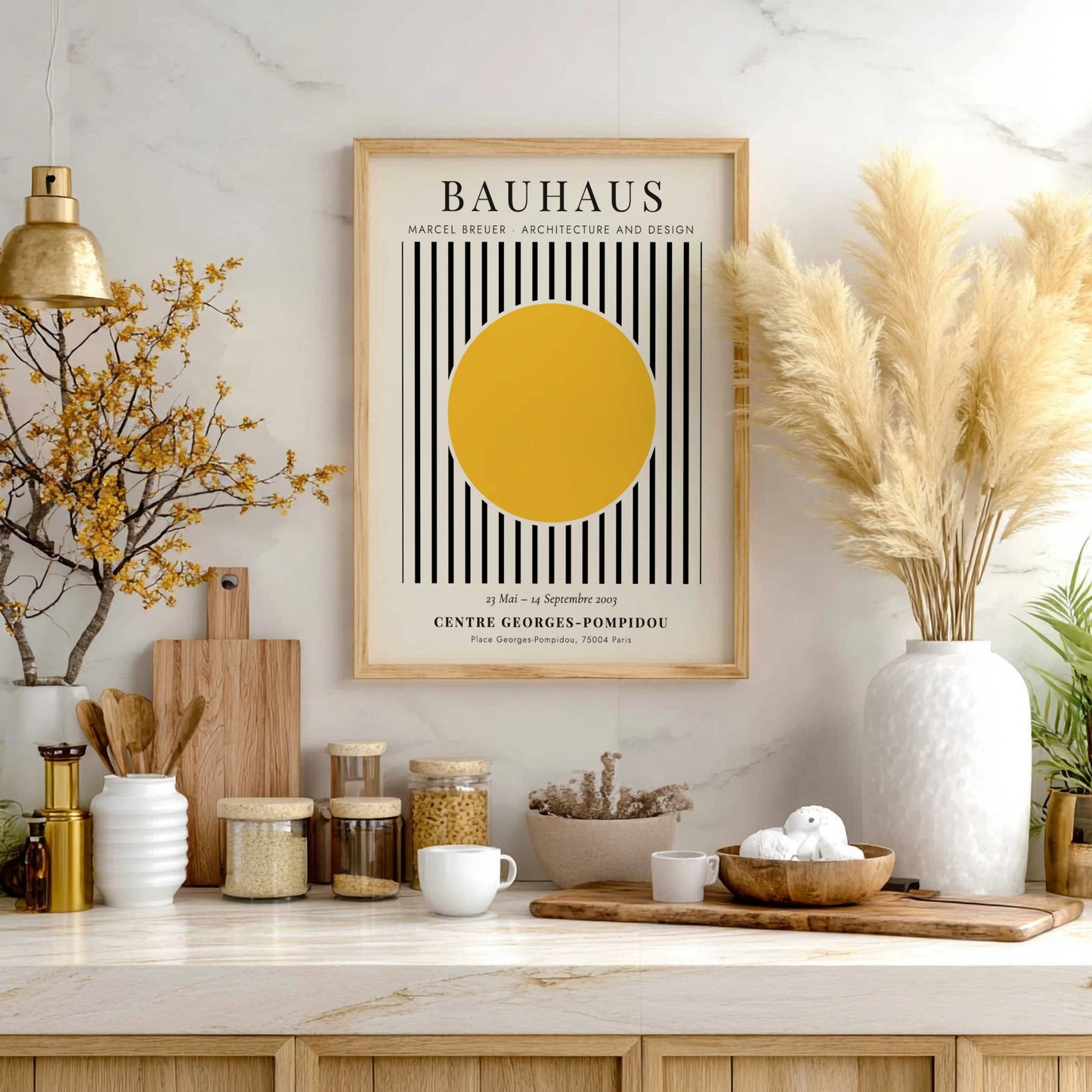 Bauhaus poster featuring Marcel Breuer's design with yellow circle and black stripes