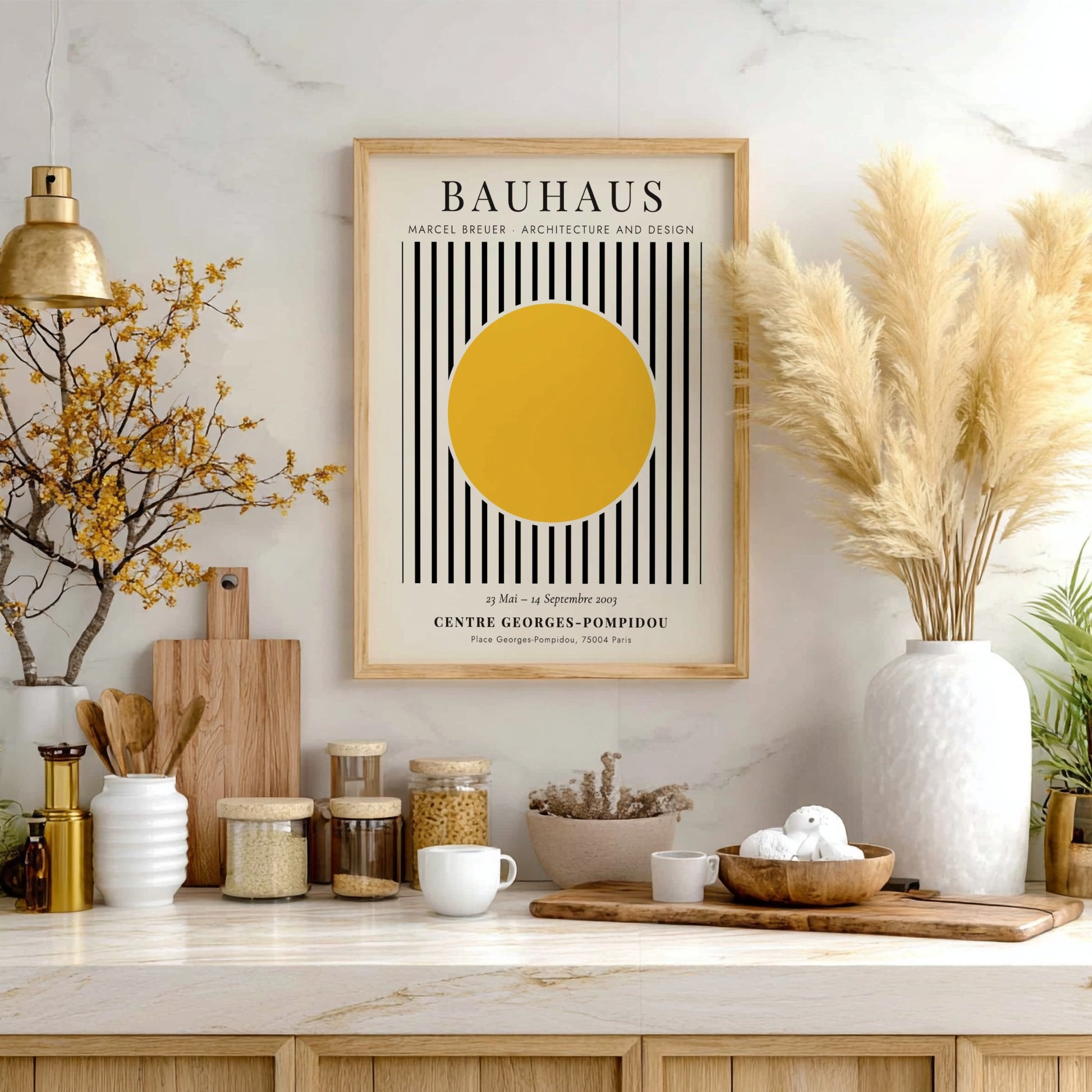 Bauhaus poster featuring Marcel Breuer's design with yellow circle and black stripes