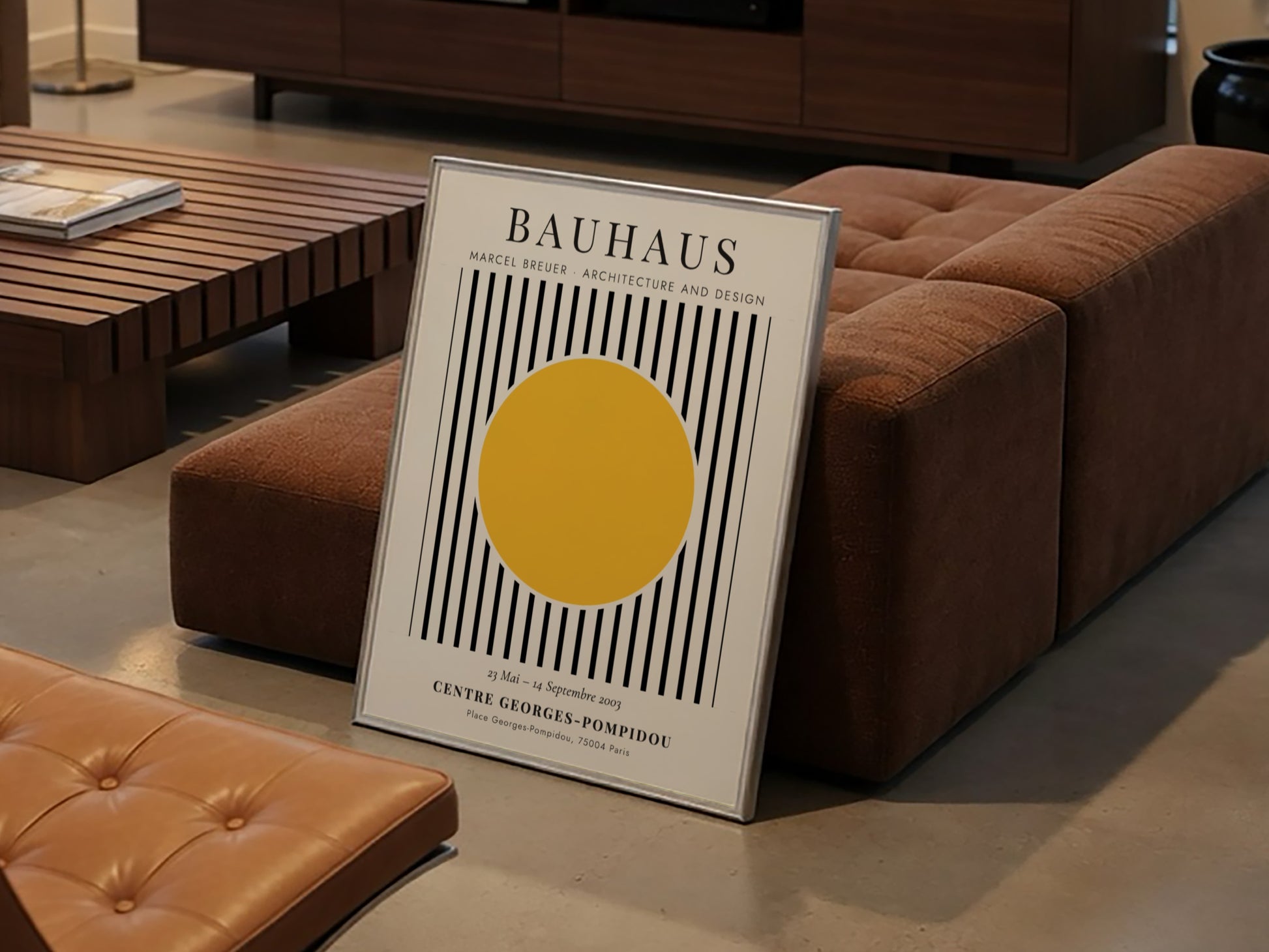 Bauhaus poster featuring Marcel Breuer's design with yellow circle and black stripes