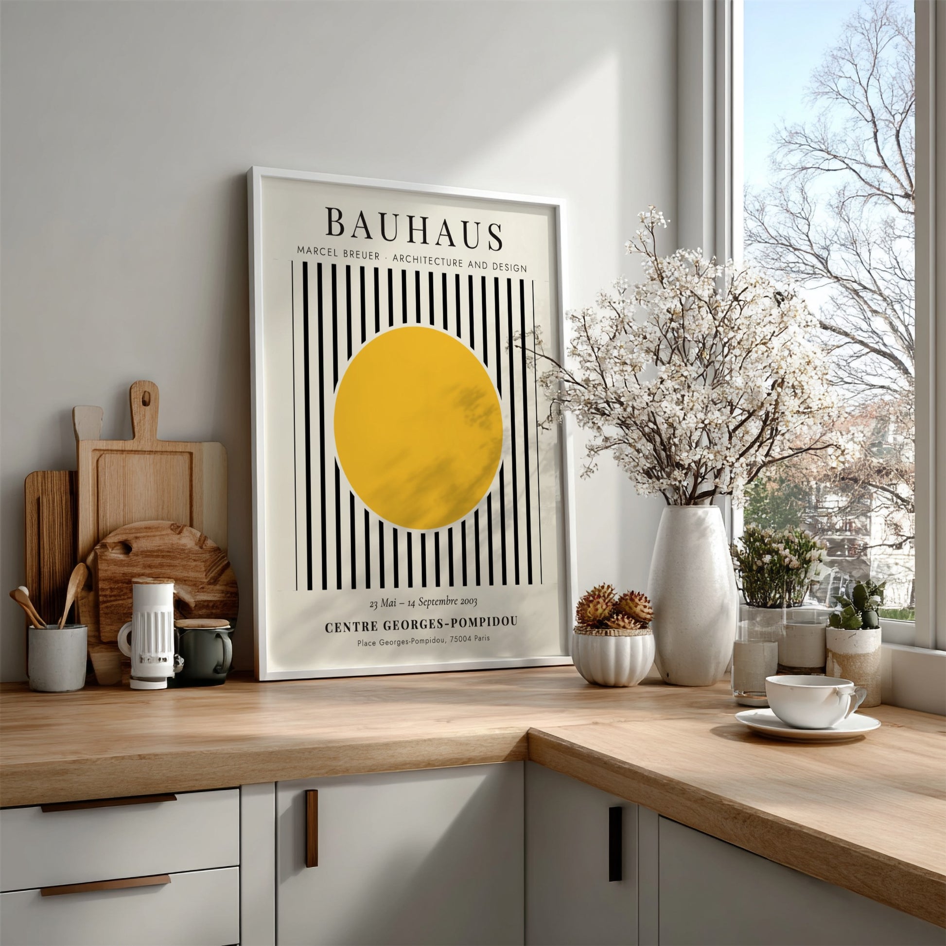 Bauhaus poster featuring Marcel Breuer's design with yellow circle and black stripes