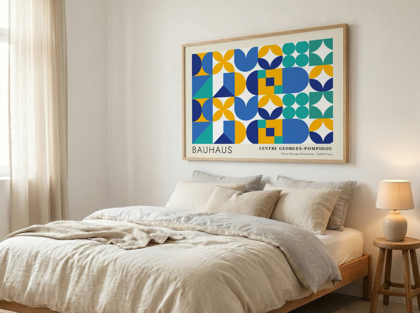 Bauhaus Centre Georges Pompidou poster featuring geometric shapes in blue, yellow, and teal.