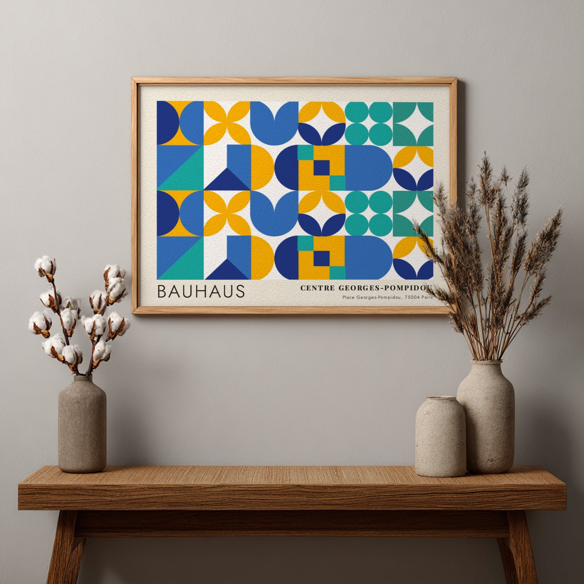 Bauhaus Centre Georges Pompidou poster featuring geometric shapes in blue, yellow, and teal.