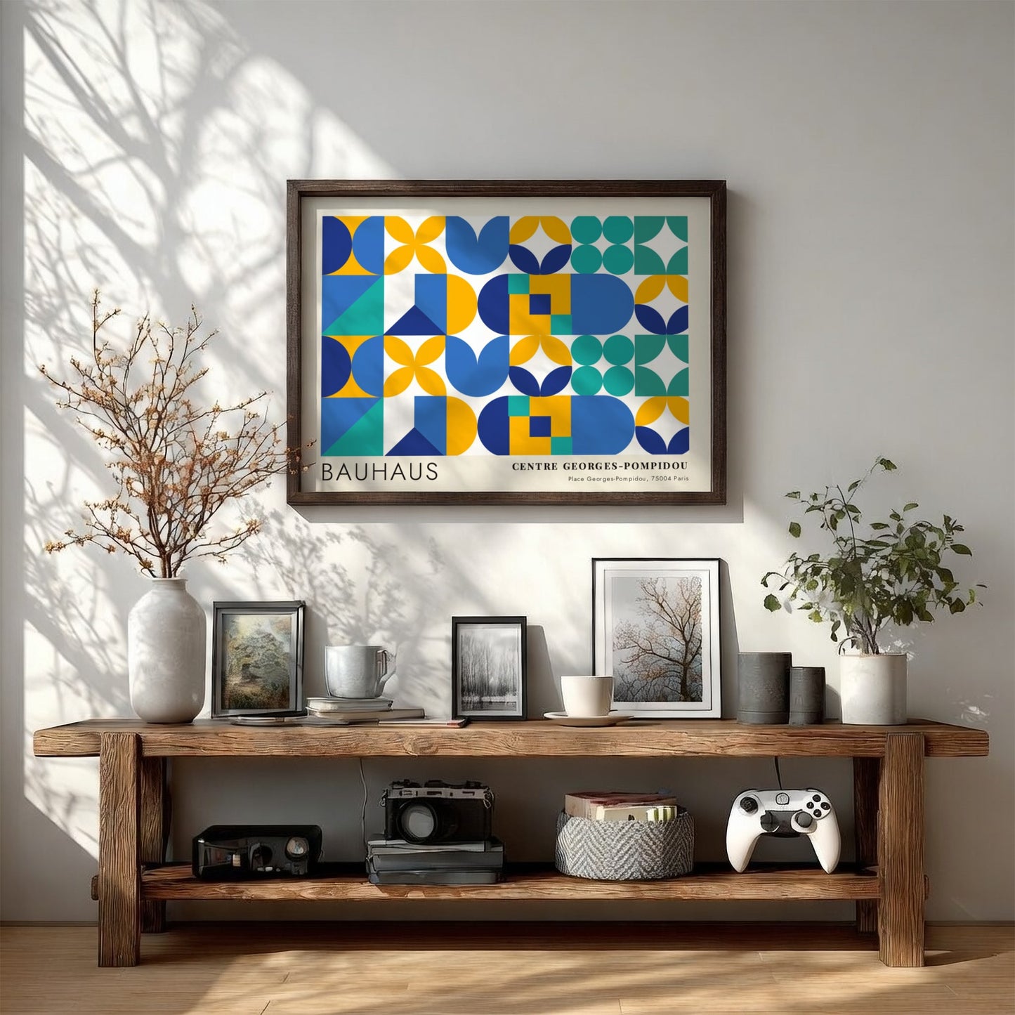 Bauhaus Centre Georges Pompidou poster featuring geometric shapes in blue, yellow, and teal.