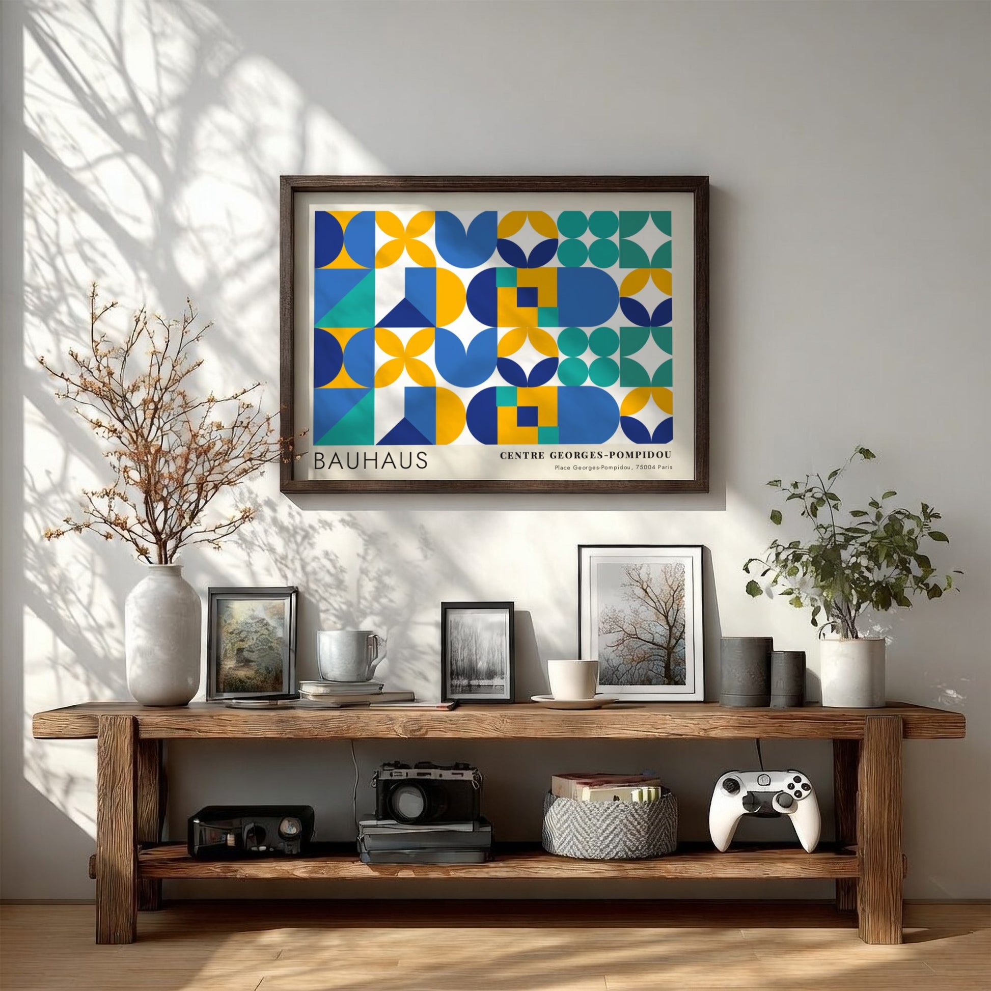 Bauhaus Centre Georges Pompidou poster featuring geometric shapes in blue, yellow, and teal.