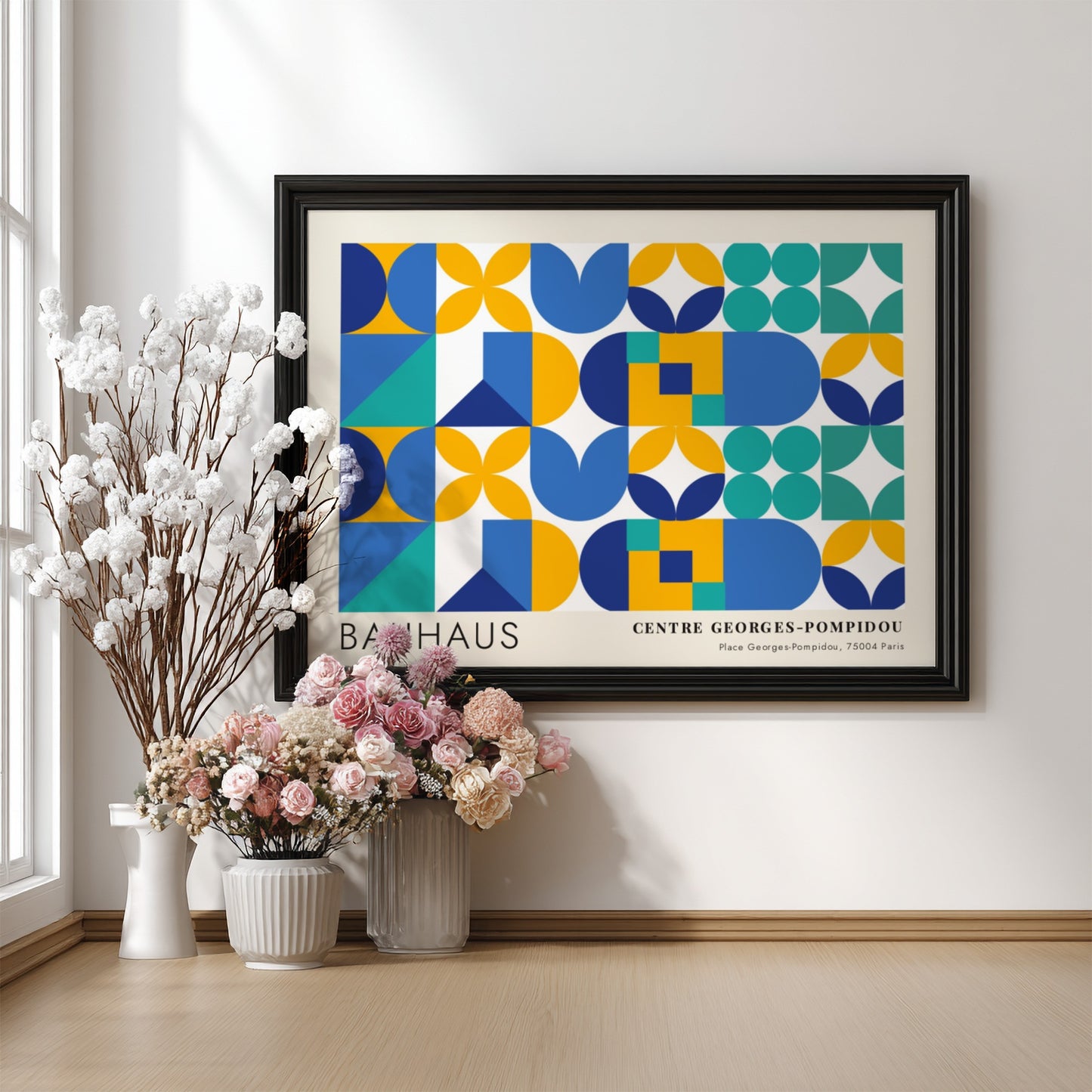 Bauhaus Centre Georges Pompidou poster featuring geometric shapes in blue, yellow, and teal.