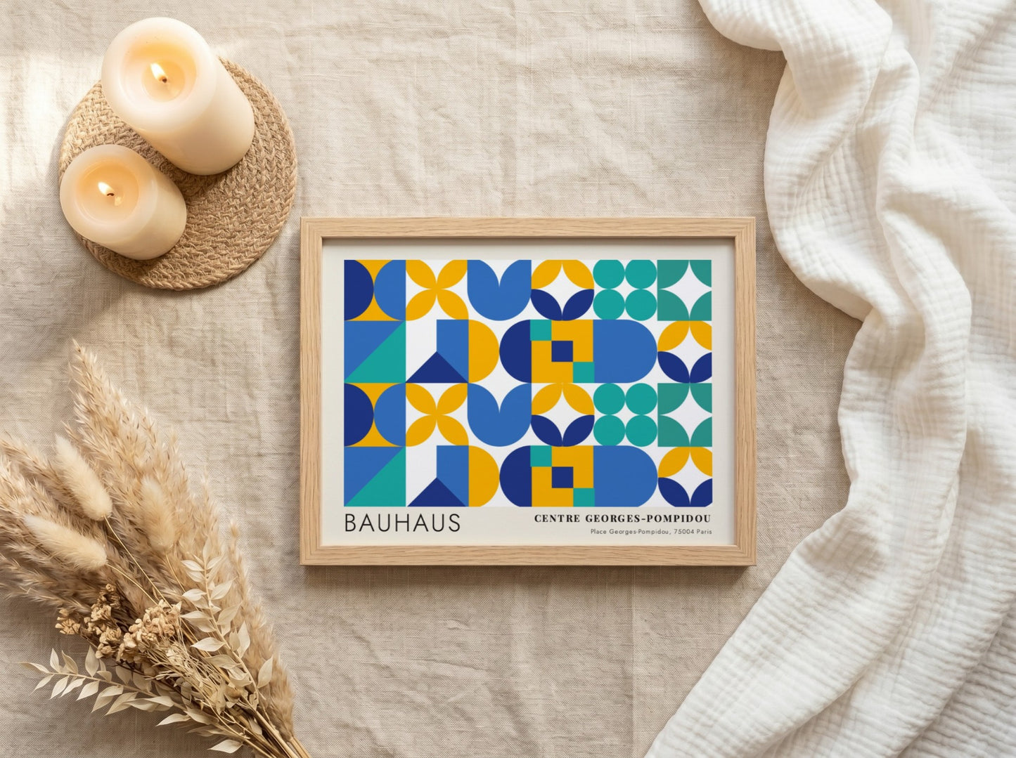 Bauhaus Centre Georges Pompidou poster featuring geometric shapes in blue, yellow, and teal.