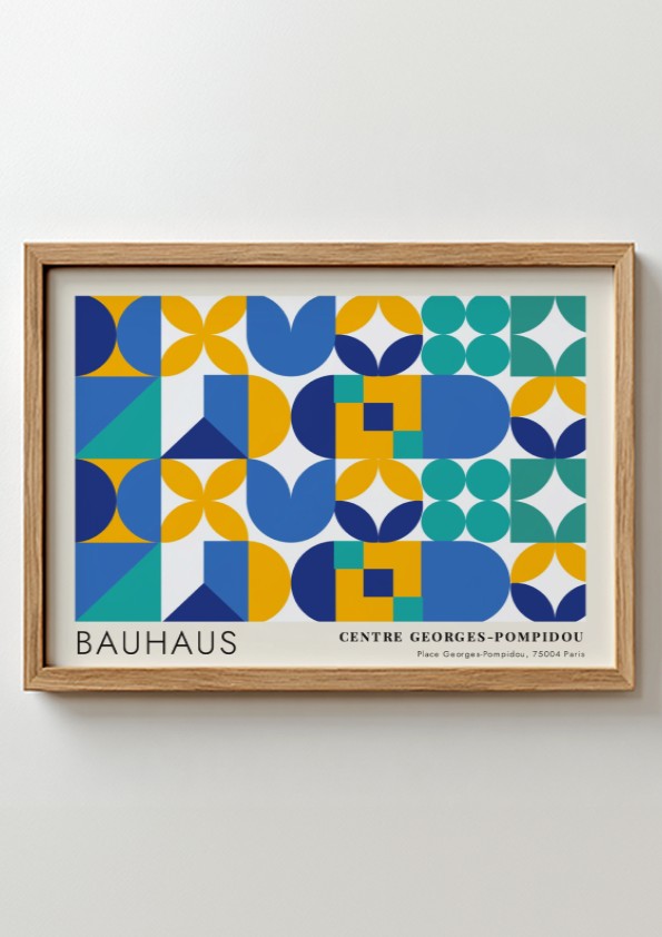 Bauhaus Centre Georges Pompidou poster featuring geometric shapes in blue, yellow, and teal.