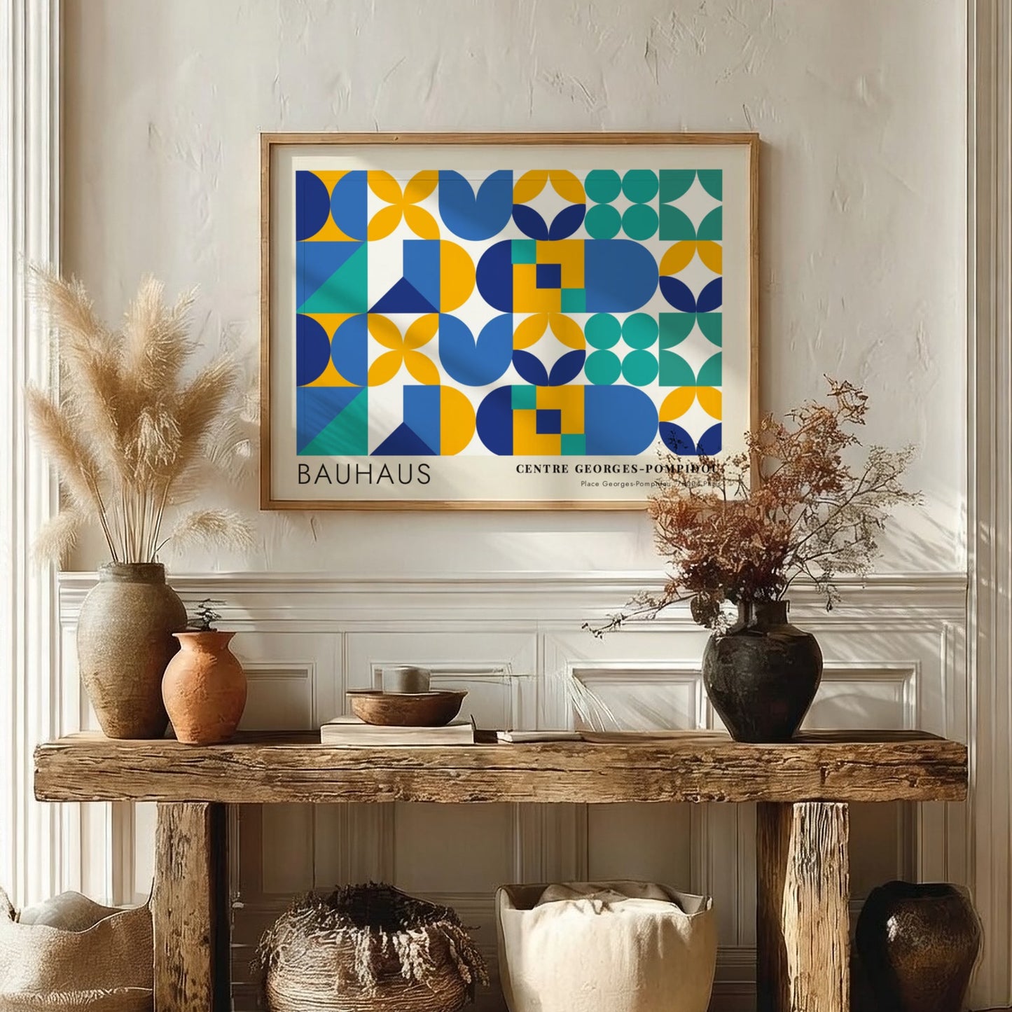Bauhaus Centre Georges Pompidou poster featuring geometric shapes in blue, yellow, and teal.