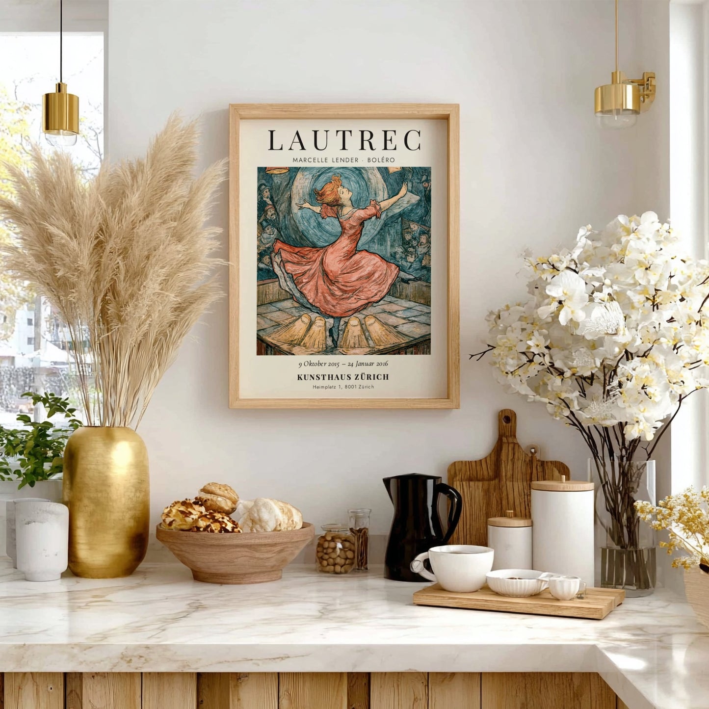 Toulouse-Lautrec poster featuring Marcelle Lender in a red dress, vibrant colors and dynamic dance pose