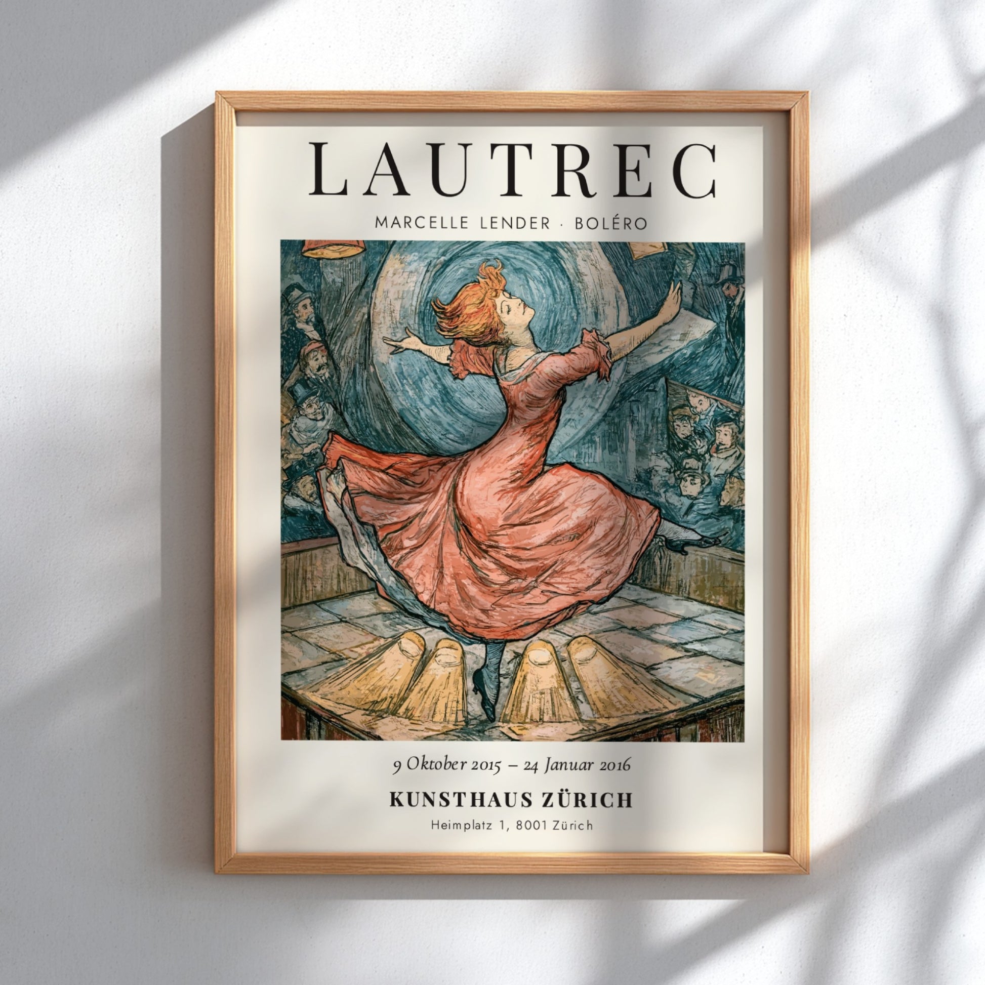 Toulouse-Lautrec poster featuring Marcelle Lender in a red dress, vibrant colors and dynamic dance pose