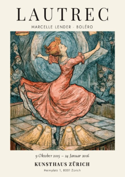 Toulouse-Lautrec poster featuring Marcelle Lender in a red dress, vibrant colors and dynamic dance pose
