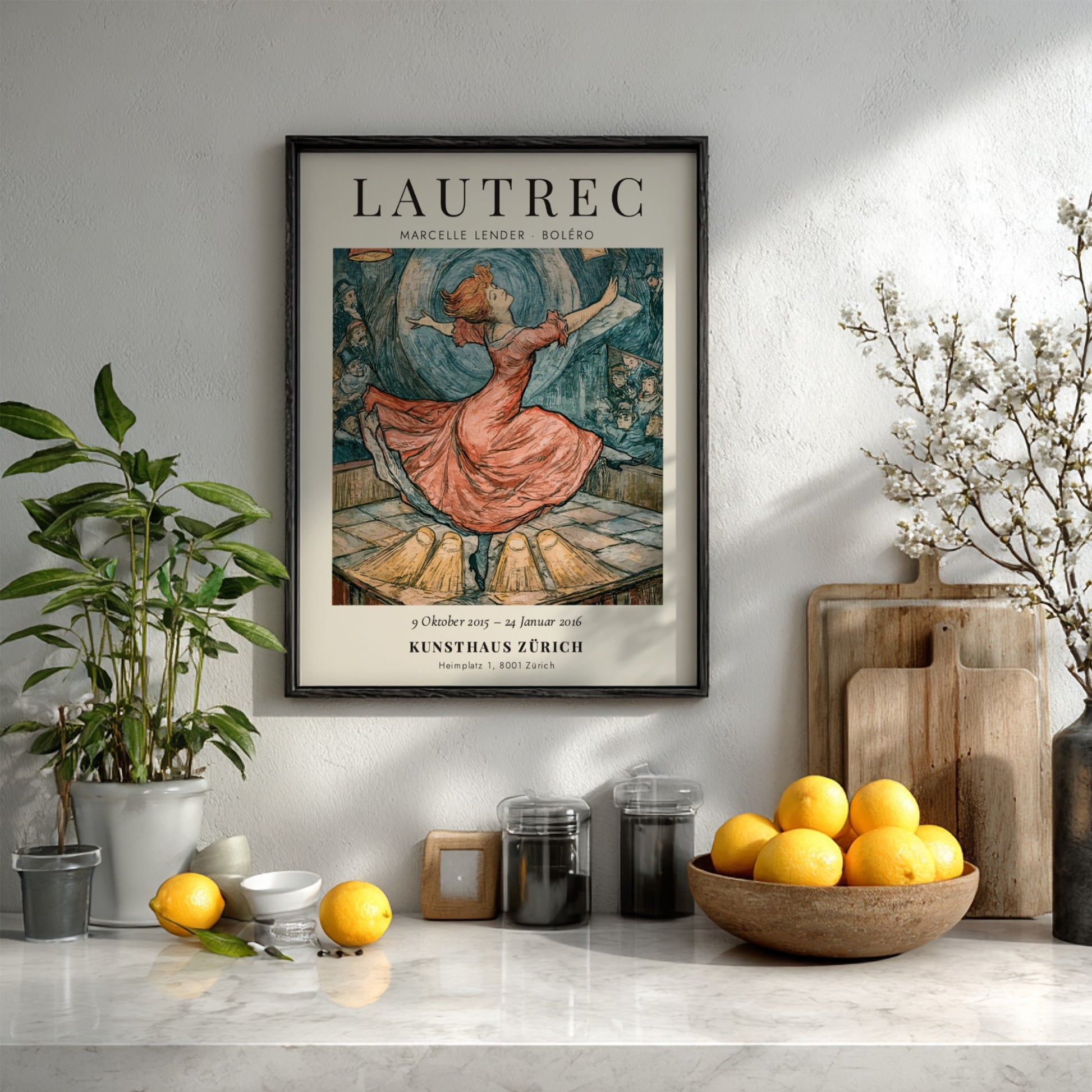 Toulouse-Lautrec poster featuring Marcelle Lender in a red dress, vibrant colors and dynamic dance pose